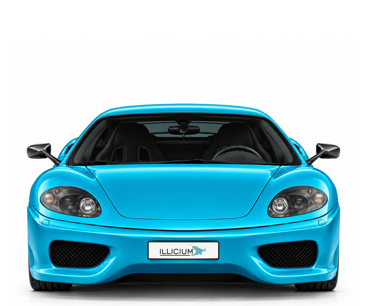 Ferrari 360 Challenge Stradale – Frontansicht in Türkis Metallic mit Original-ILLICIUM-Kennzeichen; Produktillustration
