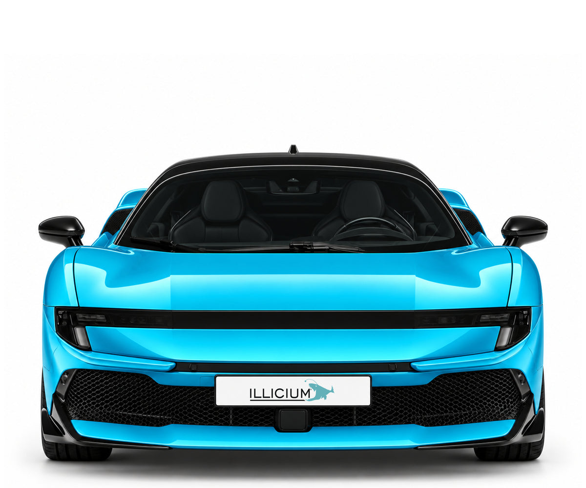 Ferrari 849 Testarossa Coupé – Frontansicht in Türkis Metallic mit Original-ILLICIUM-Kennzeichen; Produktillustration