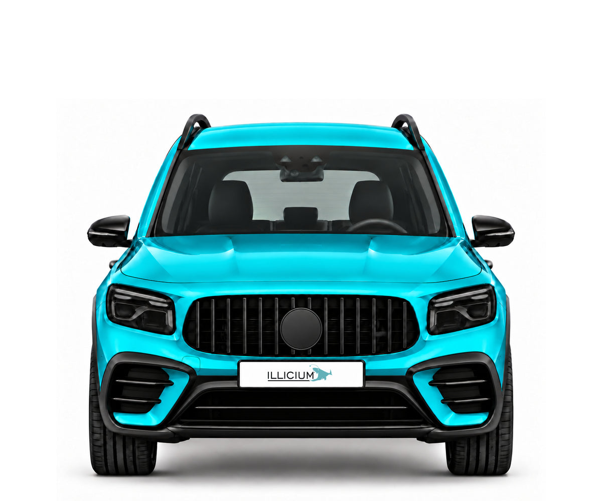 GLB X247 · AMG35 · Facelift2023 – Fahrzeugillustration in Türkis Metallic, schwarze Anbauteile, neutrale Emblemform und ILLICIUM-Kennzeichen