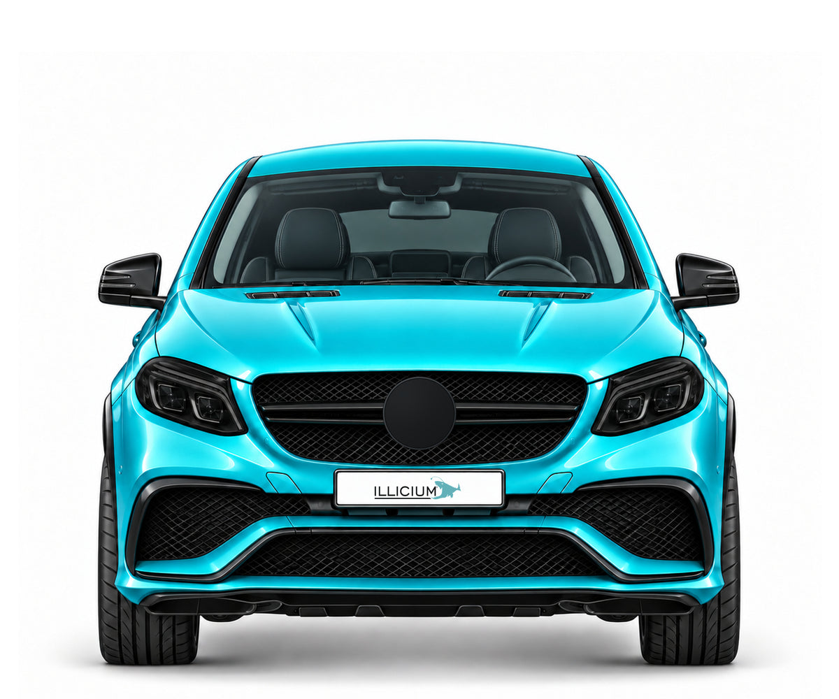 GLE C292 · AMG63 Coupé · 2015–2019 – Fahrzeugillustration in Türkis Metallic, schwarze Anbauteile, neutrale Emblemform und ILLICIUM-Kennzeichen