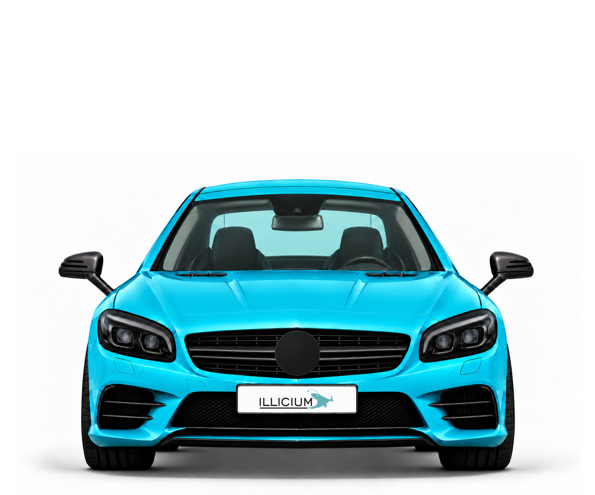 SL R231 · AMG SL63 · Facelift2016 – Fahrzeugillustration in Türkis Metallic, schwarze Anbauteile, neutrale Emblemform und ILLICIUM-Kennzeichen
