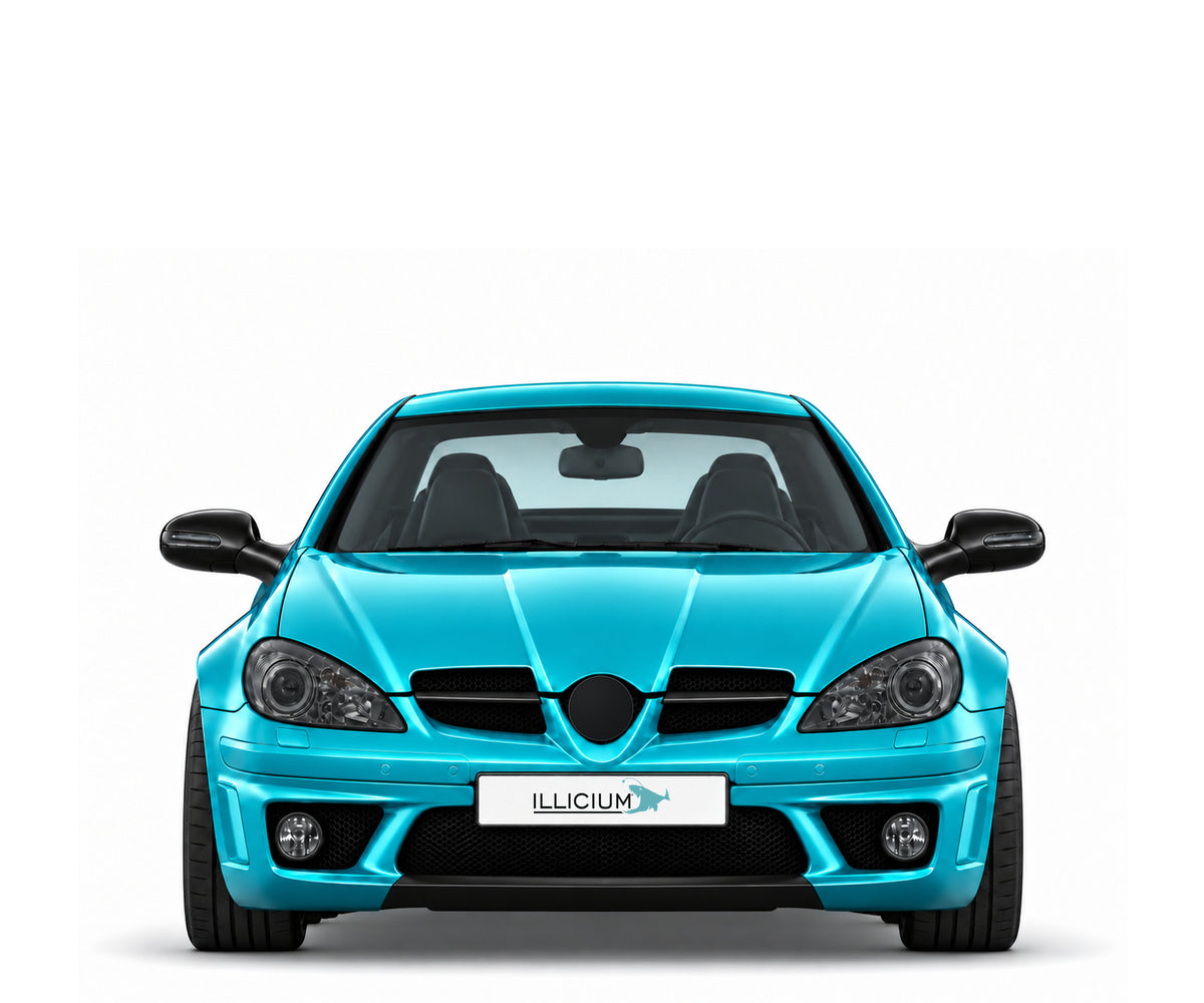 SLK R171 · SLK55 AMG · Facelift2008 – Fahrzeugillustration in Türkis Metallic, schwarze Anbauteile, neutrale Emblemform und ILLICIUM-Kennzeichen