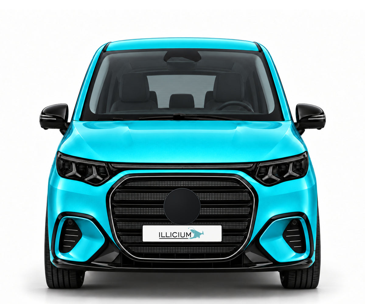 VLE400 4MATIC ELECTRIC · AMG Line Plus ·2026 – Fahrzeugillustration in Türkis Metallic, schwarze Anbauteile, neutrale Emblemform und ILLICIUM-Kennzeichen