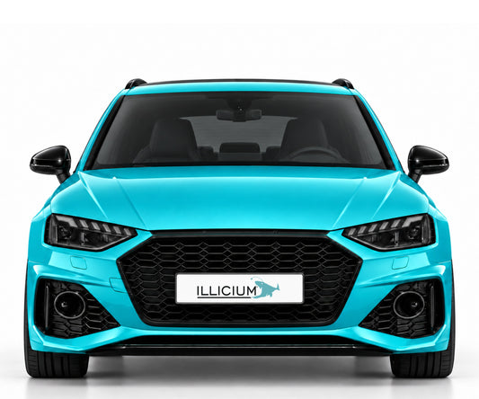 Audi RS4 B9 – Frontansicht in Türkis Metallic mit ILLICIUM-Kennzeichen