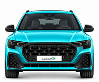 Audi SQ8 TFSI Facelift ab 09/2023 – gerade Frontansicht in Türkis Metallic, schwarze Anbauteile und ILLICIUM-Kennzeichen