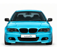 BMW E46 Coupé / Cabrio · LCI – 330Ci Sport Coupé 2004, Frontansicht in Türkis Metallic mit schwarzen Anbauteilen und ILLICIUM-Kennzeichen