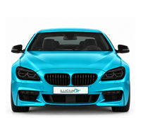 BMW F06/F12/F13 · Facelift · 650i M Sport LED – gerade Frontansicht in Türkis Metallic mit schwarzen Anbauteilen, dunklen ausgeschalteten Leuchten und Original-ILLICIUM-Kennzeichen