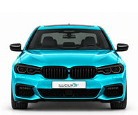 BMW G30 · Vorfacelift · M Sport LED – gerade Frontansicht in Türkis Metallic mit schwarzen Anbauteilen, dunklen ausgeschalteten Leuchten und Original-ILLICIUM-Kennzeichen