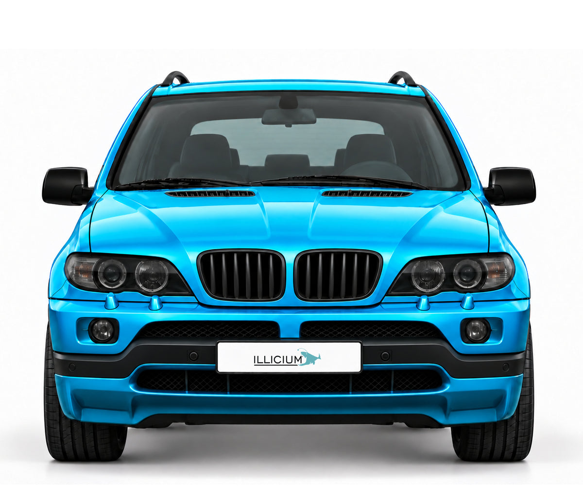 BMW X5 E53 · 4.8is Facelift – Frontansicht in Türkis Metallic, schwarze Anbauteile, ausgeschaltete dunkle Scheinwerfer und Original-ILLICIUM-Kennzeichen