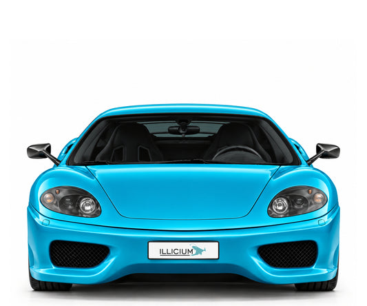 Ferrari 360 Challenge Stradale – Frontansicht in Türkis Metallic mit Original-ILLICIUM-Kennzeichen; Produktillustration