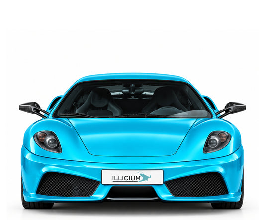 Ferrari 430 Scuderia – Frontansicht in Türkis Metallic mit Original-ILLICIUM-Kennzeichen; Produktillustration