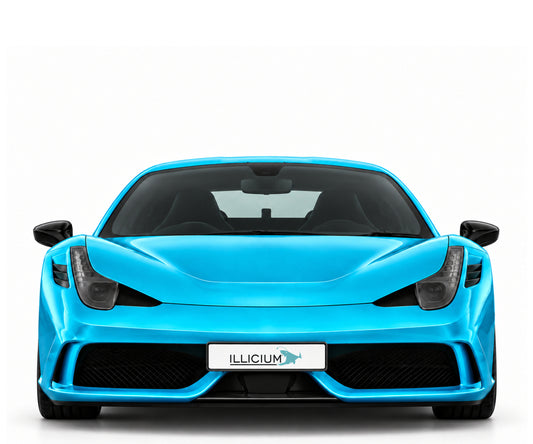 Ferrari 458 Speciale – Frontansicht in Türkis Metallic mit Original-ILLICIUM-Kennzeichen; Produktillustration