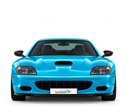 Ferrari 575M Maranello – Frontansicht in Türkis Metallic mit Original-ILLICIUM-Kennzeichen; Produktillustration