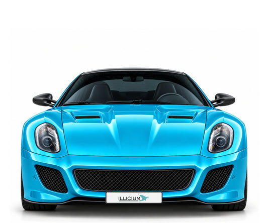 Ferrari 599 GTO – Frontansicht in Türkis Metallic mit Original-ILLICIUM-Kennzeichen; Produktillustration