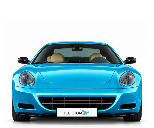 Ferrari 612 Scaglietti – Frontansicht in Türkis Metallic mit Original-ILLICIUM-Kennzeichen; Produktillustration
