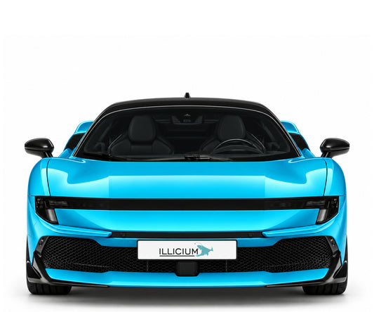 Ferrari 849 Testarossa Coupé – Frontansicht in Türkis Metallic mit Original-ILLICIUM-Kennzeichen; Produktillustration