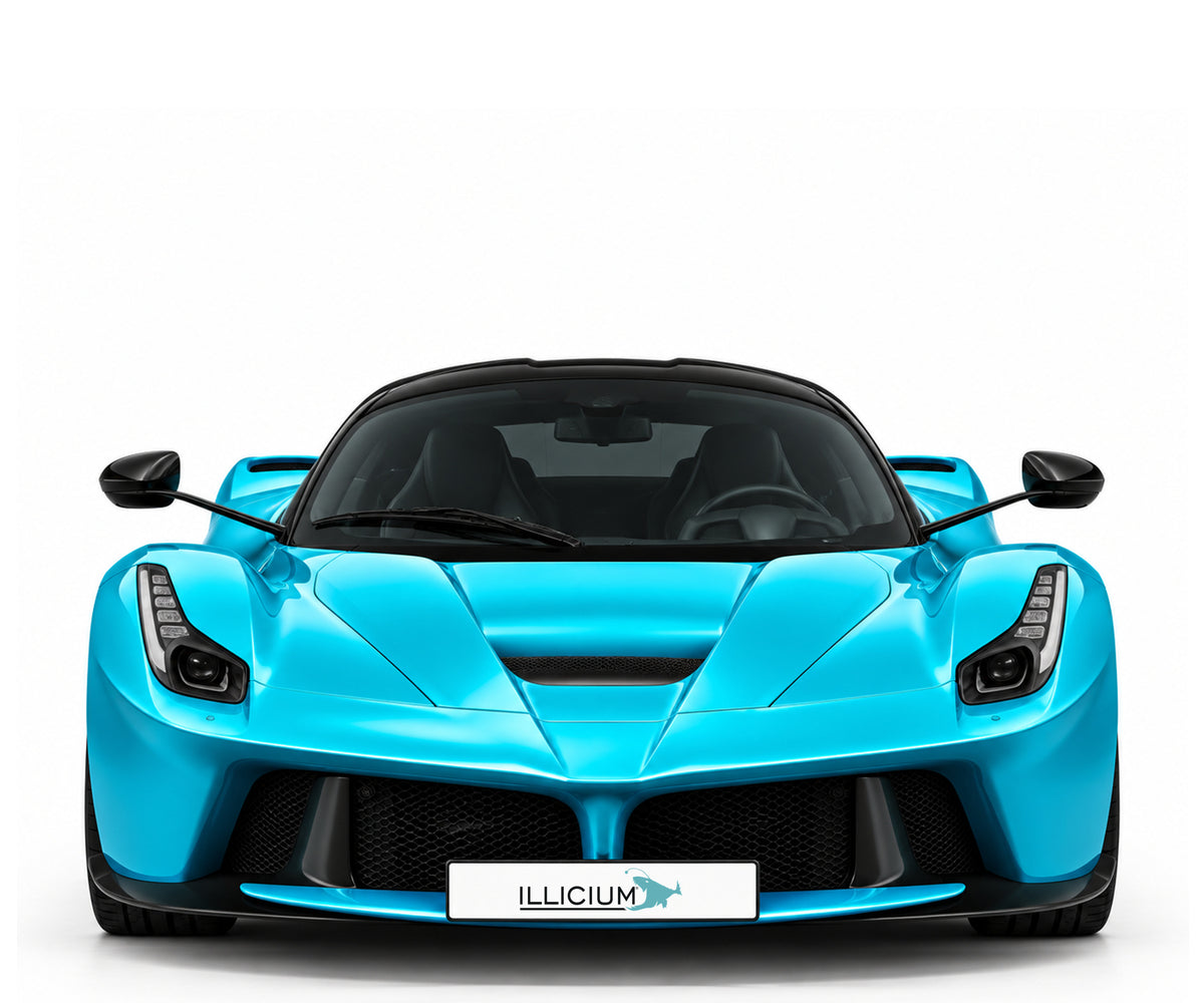 Ferrari LaFerrari Coupé – Frontansicht in Türkis Metallic mit Original-ILLICIUM-Kennzeichen; Produktillustration