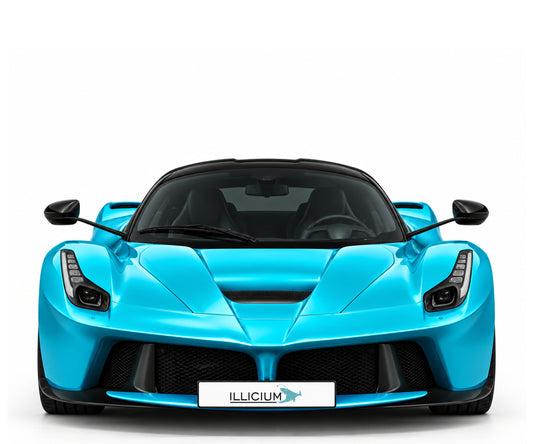 Ferrari LaFerrari Coupé – Frontansicht in Türkis Metallic mit Original-ILLICIUM-Kennzeichen; Produktillustration