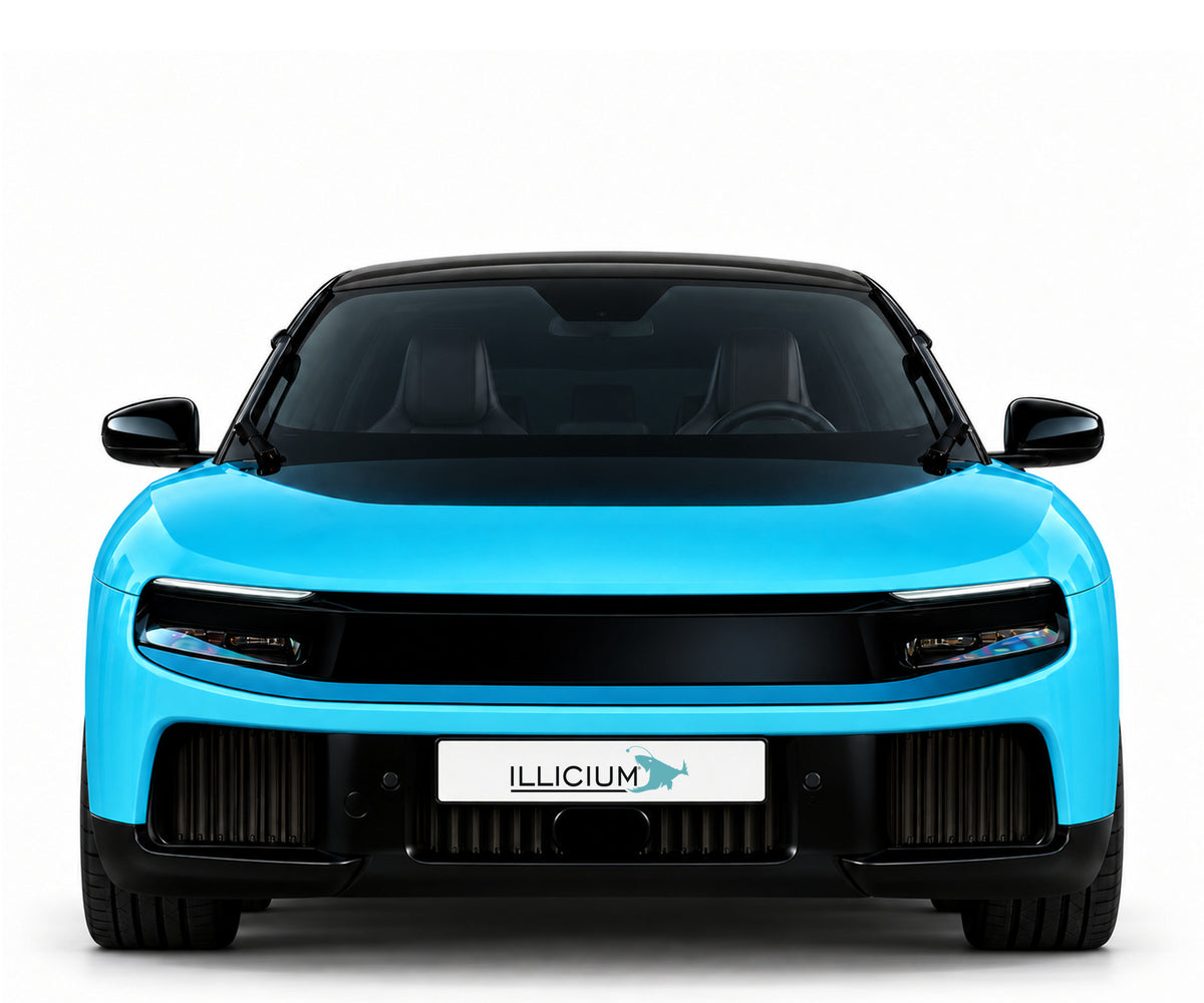 Ferrari Luce – Frontansicht in Türkis Metallic mit Original-ILLICIUM-Kennzeichen; Produktillustration
