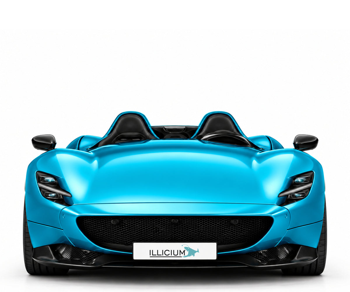Ferrari Monza SP2 – Frontansicht in Türkis Metallic mit Original-ILLICIUM-Kennzeichen; Produktillustration