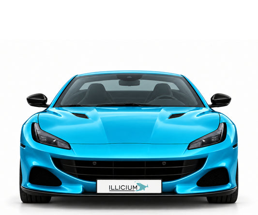 Ferrari Portofino M – Frontansicht in Türkis Metallic mit Original-ILLICIUM-Kennzeichen; Produktillustration