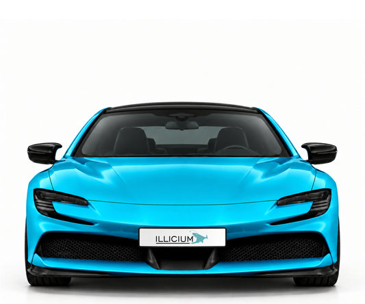 Ferrari SF90 Stradale – Frontansicht in Türkis Metallic mit Original-ILLICIUM-Kennzeichen; Produktillustration