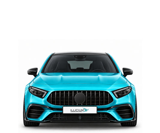 W177 · VFL – Fahrzeugillustration in Türkis Metallic, schwarze Anbauteile, neutrale Emblemform und ILLICIUM-Kennzeichen