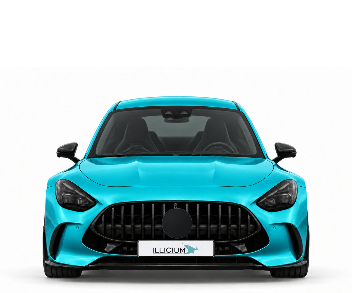 C192 · AMG GT63 · ab2023 – Fahrzeugillustration in Türkis Metallic, schwarze Anbauteile, neutrale Emblemform und ILLICIUM-Kennzeichen