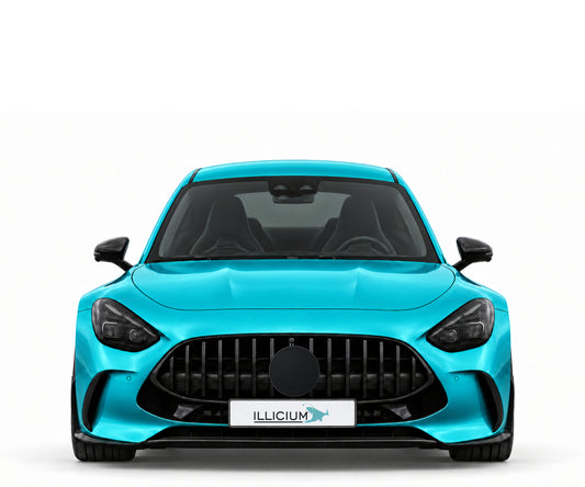 C192 · AMG GT63 · ab2023 – Fahrzeugillustration in Türkis Metallic, schwarze Anbauteile, neutrale Emblemform und ILLICIUM-Kennzeichen
