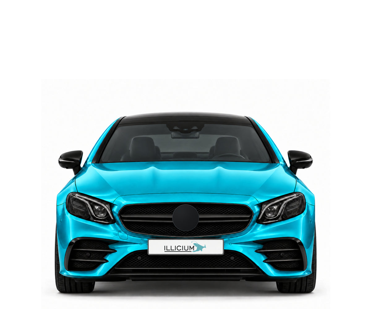C238-VFL · E53 AMG Coupé · VFL – Fahrzeugillustration in Türkis Metallic, schwarze Anbauteile, neutrale Emblemform und ILLICIUM-Kennzeichen