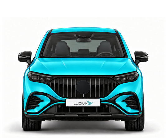 EQE53 SUV X294 · AMG – Fahrzeugillustration in Türkis Metallic, schwarze Anbauteile, neutrale Emblemform und ILLICIUM-Kennzeichen