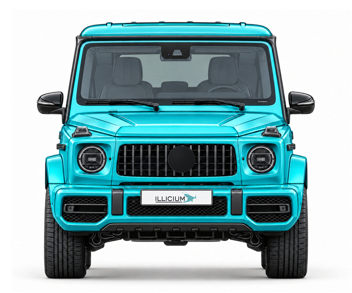 W463A · G63 AMG · 2018–2024 – Fahrzeugillustration in Türkis Metallic, schwarze Anbauteile, neutrale Emblemform und ILLICIUM-Kennzeichen