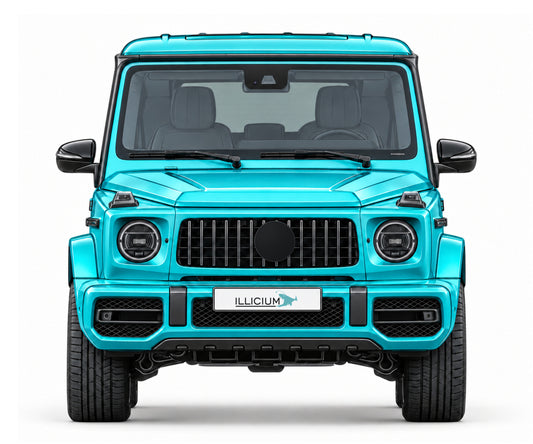 W463A · G63 AMG · 2018–2024 – Fahrzeugillustration in Türkis Metallic, schwarze Anbauteile, neutrale Emblemform und ILLICIUM-Kennzeichen