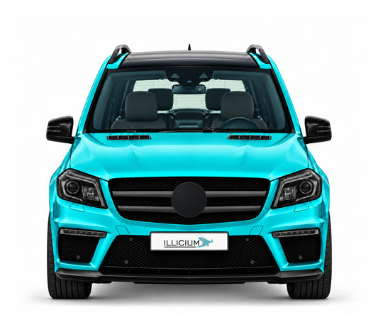 GL X166 · GL63 AMG · Vorfacelift – Fahrzeugillustration in Türkis Metallic, schwarze Anbauteile, neutrale Emblemform und ILLICIUM-Kennzeichen