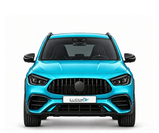 GLA H247 · GLA45 S · Vorfacelift – Fahrzeugillustration in Türkis Metallic, schwarze Anbauteile, neutrale Emblemform und ILLICIUM-Kennzeichen