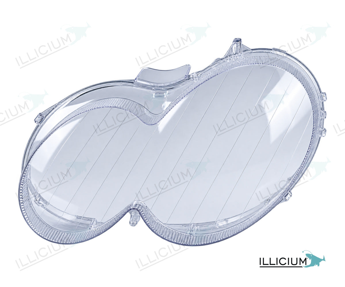 CLK C209/A209 · geriffelte Ausführung A31-4585 – Scheinwerferglas links in Fahrtrichtung, Produktillustration mit ILLICIUM-Logo