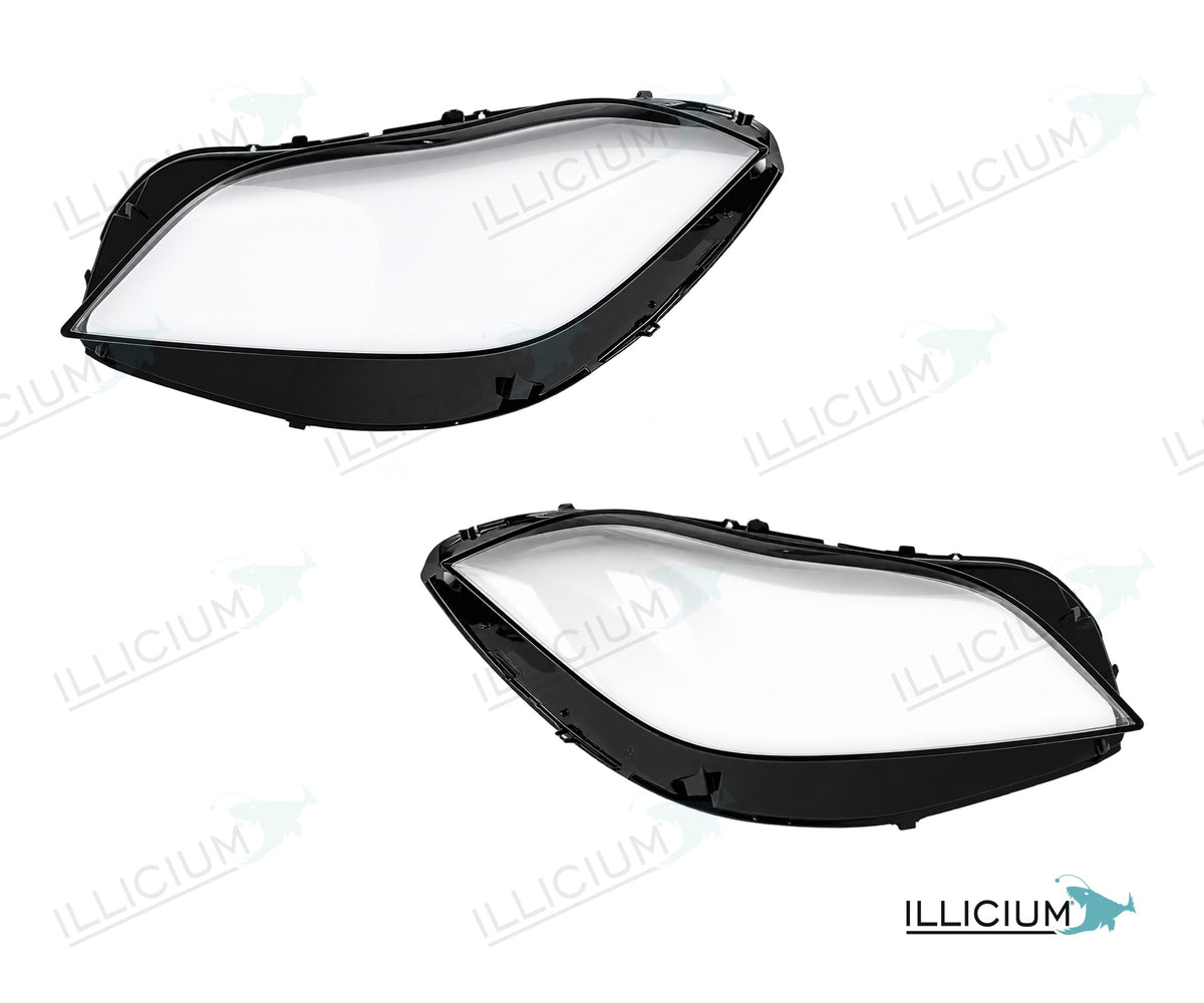 CLS C218 · Facelift – Scheinwerferglas Paar, links und rechts in Fahrtrichtung, Produktillustration mit ILLICIUM-Logo