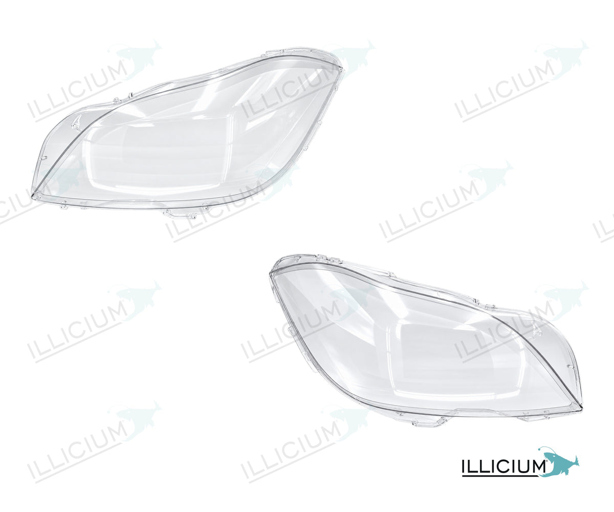 CLS C218 · Vorfacelift – Scheinwerferglas Paar, links und rechts in Fahrtrichtung, Produktillustration mit ILLICIUM-Logo