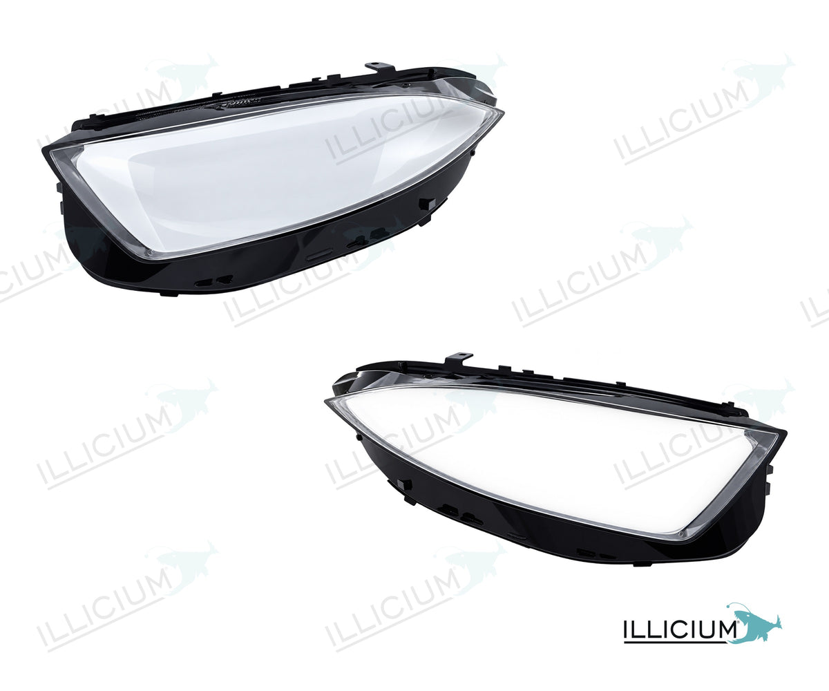 CLS C257 – Scheinwerferglas Paar, links und rechts in Fahrtrichtung, Produktillustration mit ILLICIUM-Logo