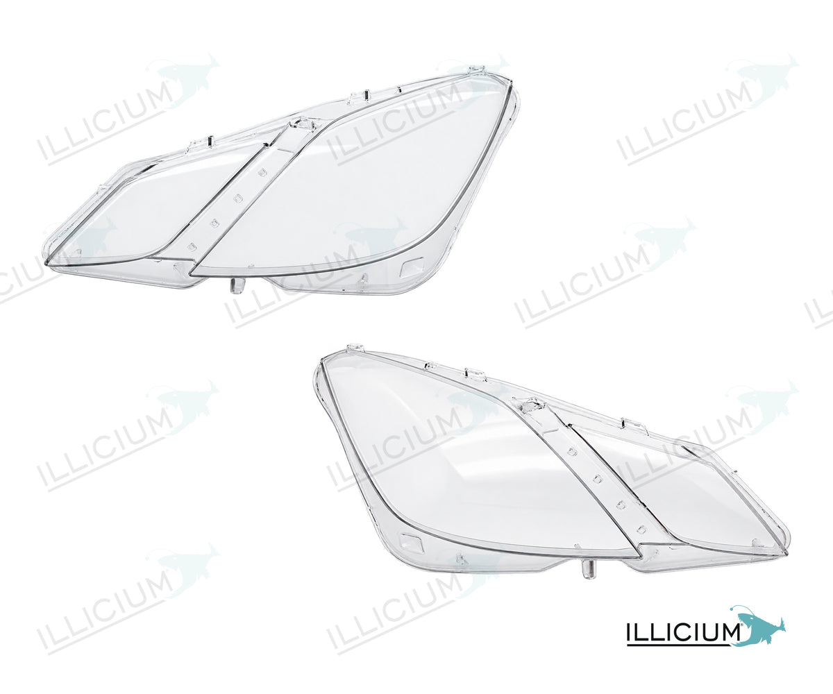 E-Klasse C207 · Vorfacelift – Scheinwerferglas Paar, links und rechts in Fahrtrichtung, Produktillustration mit ILLICIUM-Logo