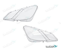 E-Klasse C207 · Vorfacelift – Scheinwerferglas Paar, links und rechts in Fahrtrichtung, Produktillustration mit ILLICIUM-Logo