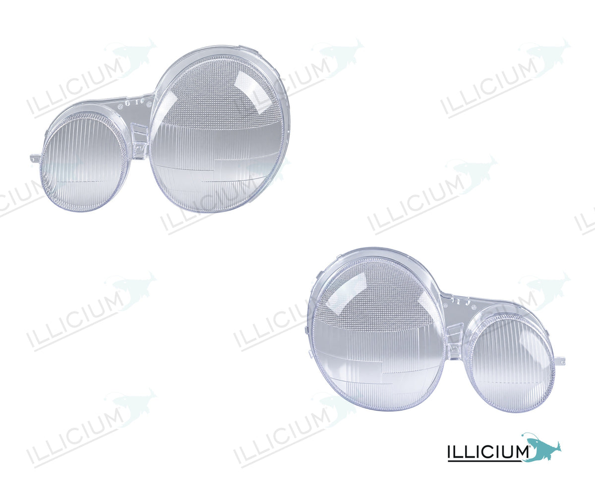 E-Klasse W210 · Halogen Facelift A31-4686 – Scheinwerferglas Paar, links und rechts in Fahrtrichtung, Produktillustration mit ILLICIUM-Logo
