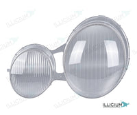 E-Klasse W210 · Halogen Vorfacelift A31-4727 – Scheinwerferglas links in Fahrtrichtung, Produktillustration mit ILLICIUM-Logo