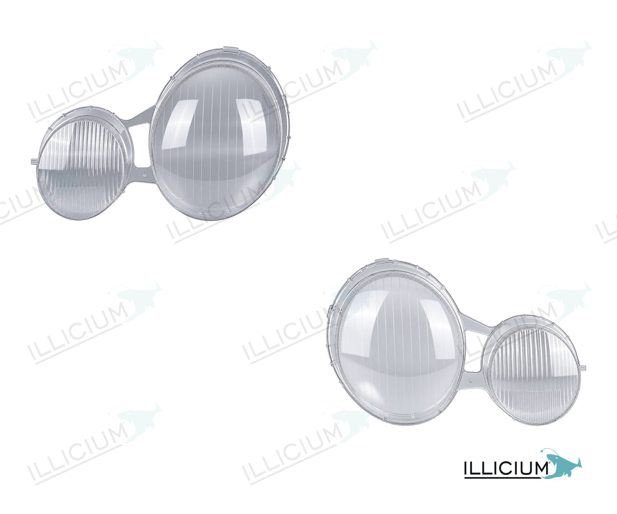 E-Klasse W210 · Halogen Vorfacelift A31-4727 – Scheinwerferglas Paar, links und rechts in Fahrtrichtung, Produktillustration mit ILLICIUM-Logo