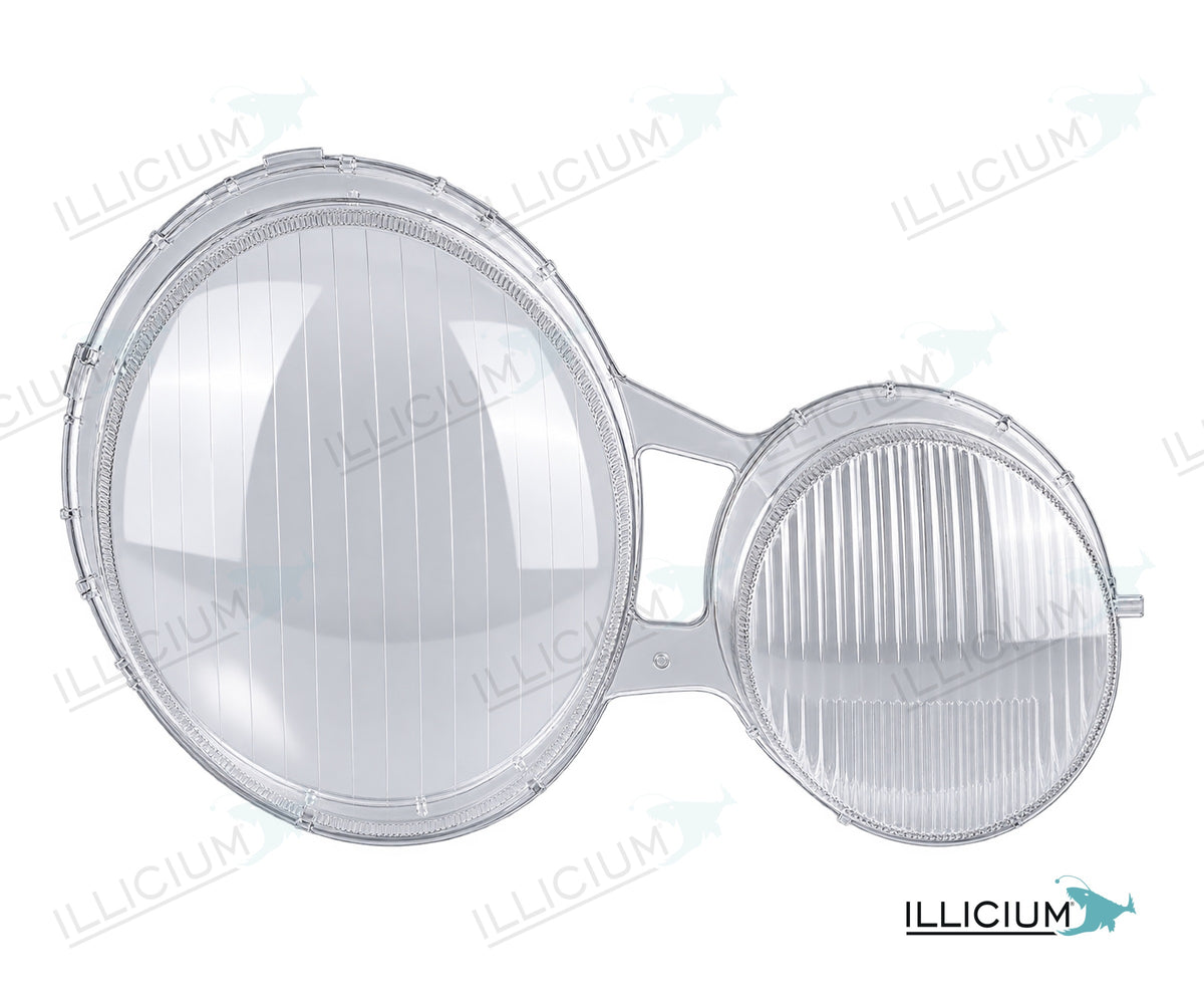 E-Klasse W210 · Halogen Vorfacelift A31-4727 – Scheinwerferglas rechts in Fahrtrichtung, Produktillustration mit ILLICIUM-Logo