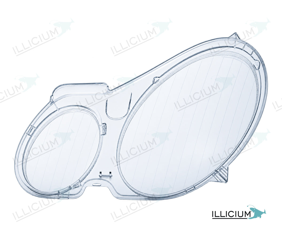 E-Klasse W211 · konkrete Händlerausführung – Scheinwerferglas links in Fahrtrichtung, Produktillustration mit ILLICIUM-Logo