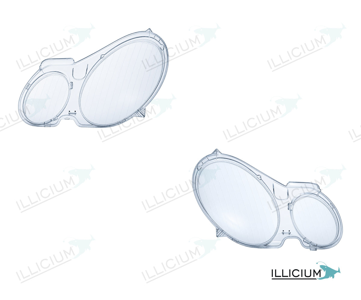 E-Klasse W211 · konkrete Händlerausführung – Scheinwerferglas Paar, links und rechts in Fahrtrichtung, Produktillustration mit ILLICIUM-Logo
