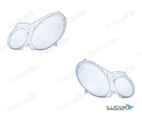E-Klasse W211 · konkrete Händlerausführung – Scheinwerferglas Paar, links und rechts in Fahrtrichtung, Produktillustration mit ILLICIUM-Logo