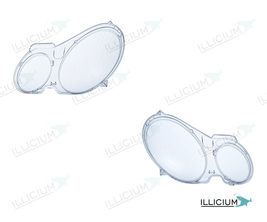 E-Klasse W211 · konkrete Händlerausführung – Scheinwerferglas Paar, links und rechts in Fahrtrichtung, Produktillustration mit ILLICIUM-Logo