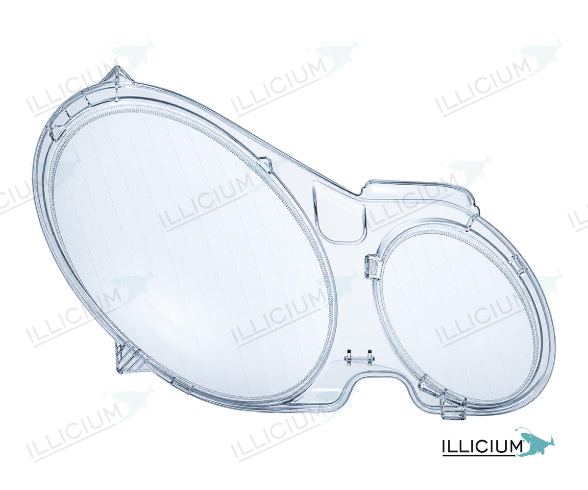 E-Klasse W211 · konkrete Händlerausführung – Scheinwerferglas rechts in Fahrtrichtung, Produktillustration mit ILLICIUM-Logo